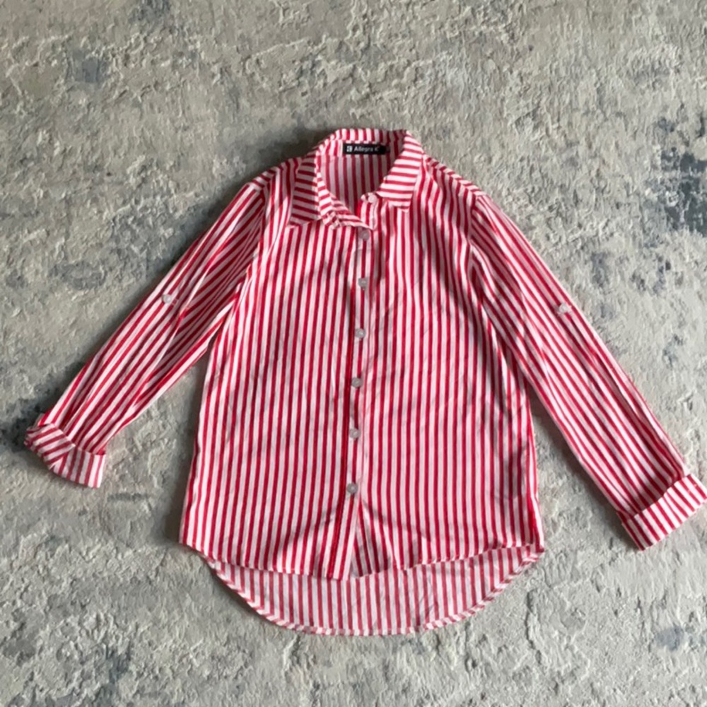 WOMENS RED AND WHITE STRIPED BUTTON DOWN